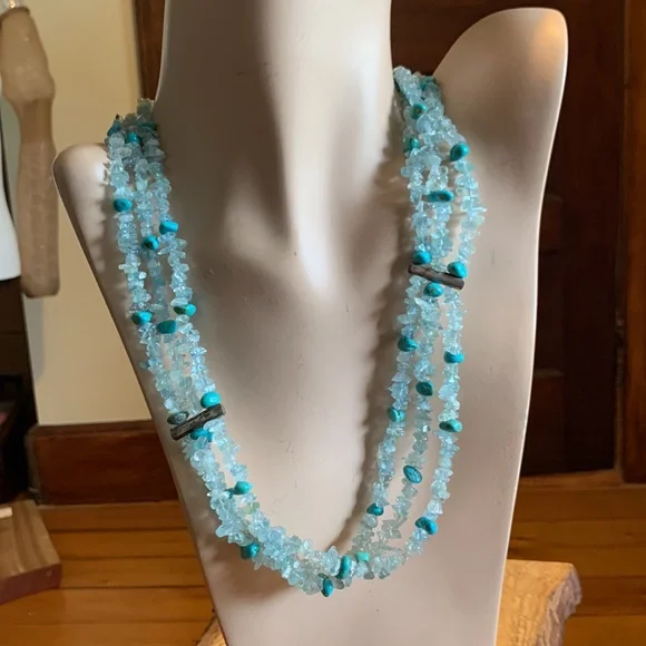 TURQUOISE,Sterling and aquamarine 3 strand necklace,MERMAID - Picture 1 of 12